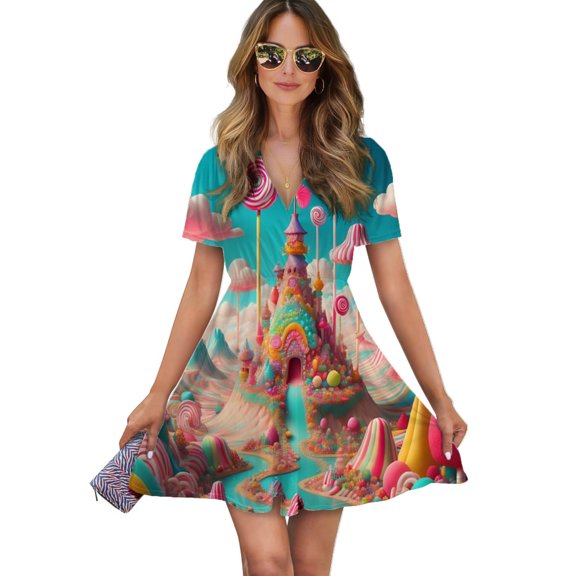 Sky Candy Land Women Dress V-Neck Short Sleeve Flowy Swing Party Midi Dress