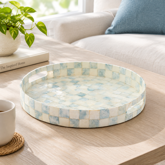 Sky Check Capiz Round Tray