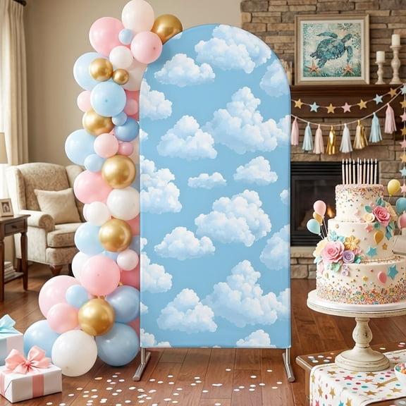 Sky Cloud Arch Backdrop Covers 4 FT, Dreamy Fluffy Light Blue White Cloud Stretchy Fitted Arched Stand Covers Party Arch Stand Cover Photo Booth for Wedding Birthday Decor