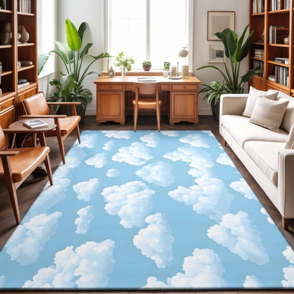 Sky Cloud Washable Area Rug 9 x 12 ft Dreamy Fluffy Light Blue White Cloud, Soft Non Slip Rugs Stain Repellent Indoor Felt Carpet for Living Dining Room Bedroom Home Office