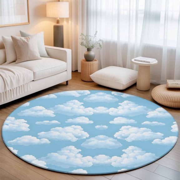 Sky Cloud Washable Round Area Rug 3 ft, Dreamy Fluffy Light Blue White Cloud, Soft Non Slip Rugs Stain Repellent Indoor Felt Carpet for Living Dining Room Bedroom Home Office