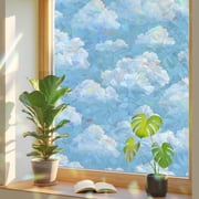 Sky Cloud Window Privacy Film, Dreamy Fluffy Light Blue White Cloud Stained Glass Rainbow Film Decorative Window Clings, Static Cling Sun Blocking Stickers 35.4" x 78.7"
