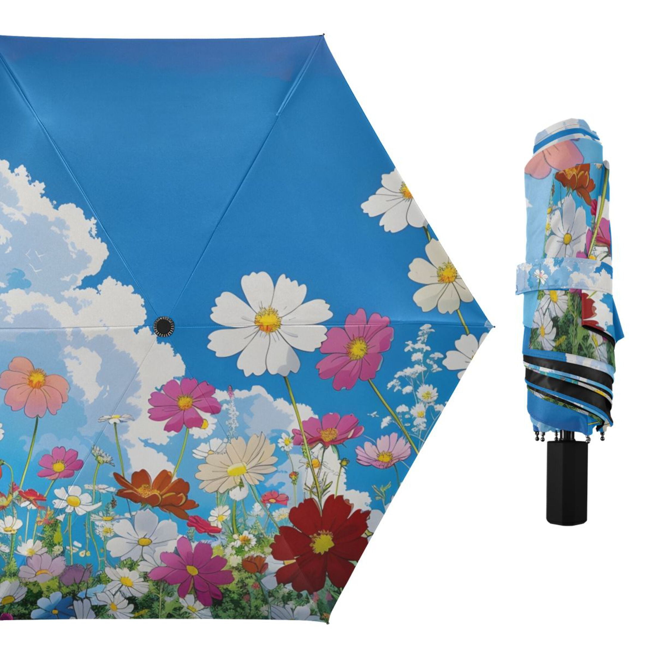 Sky Clouds Flowers All Weather Umbrella Triple Folding Parasol 6 Ribs UV Protection Portable