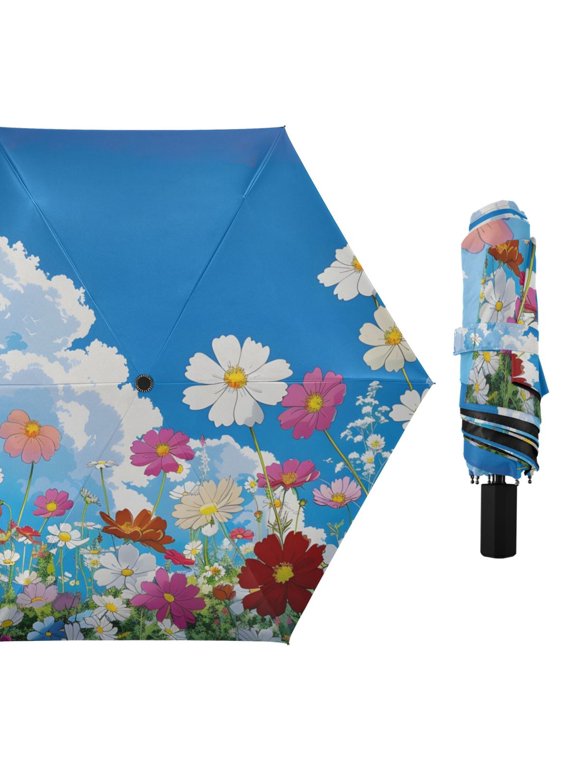 Sky Clouds Flowers All Weather Umbrella Triple Folding Parasol 6 Ribs UV Protection Portable