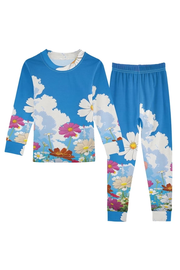 Sky Clouds Flowers Cotton Pajama Set Long Sleeve Top and Pants Sleepwear Unisex 5Y