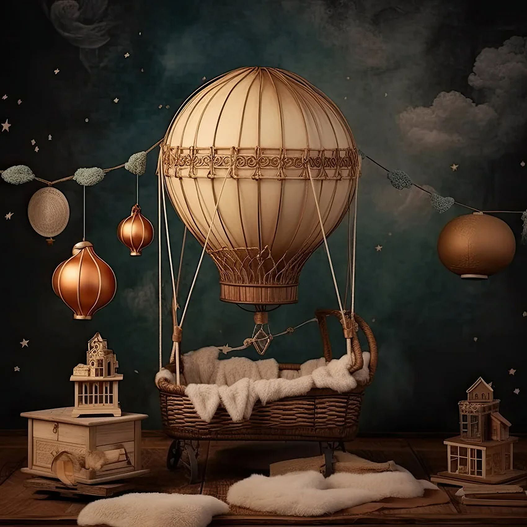 Circle Hot Air Ballon And Cloud Birthday Backdrop