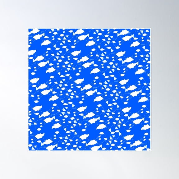 Sky Clouds Paper Airplane Pattern Dark Blue Poster Wall Art, Modern Wall Decor, 16x16 UNFRAMED