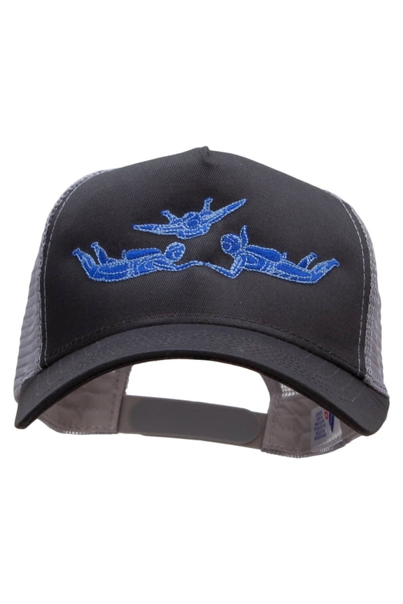 Sky Divers Embroidered 5 Panel High Profile Poly Cotton Twill Mesh Trucker Cap - Charcoal Grey OSFM