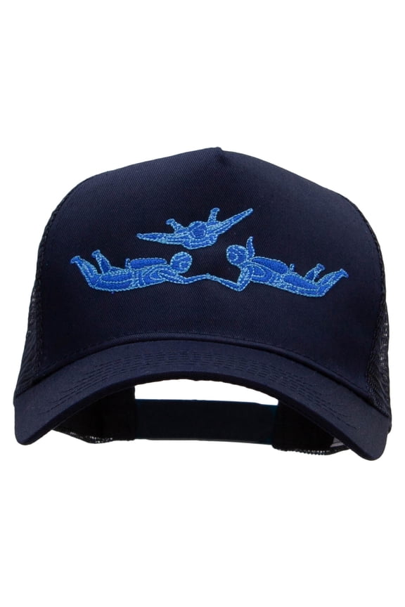Sky Divers Embroidered 5 Panel High Profile Poly Cotton Twill Mesh Trucker Cap - Navy OSFM