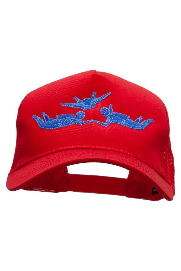 Sky Divers Embroidered 5 Panel High Profile Poly Cotton Twill Mesh Trucker Cap - Red OSFM