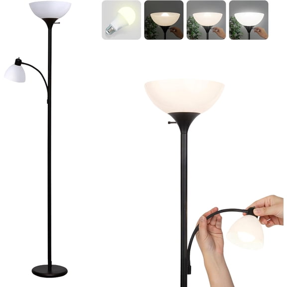Sky Dome   Floor lamp, Torchiere  Bright Floor Lamp with Reading Lamp for  Rooms & Offices - Dimmable Tall Standing Lamp for  Reading - Black