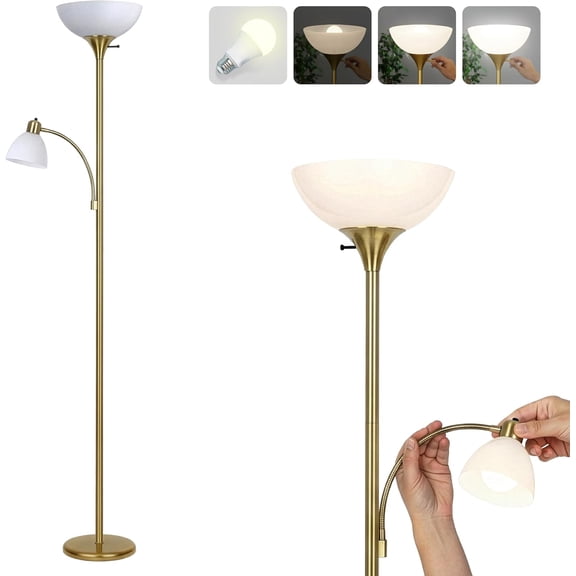 Sky Dome   Floor lamp, Torchiere  Bright Floor Lamp with Reading Lamp for  Rooms & Offices - Dimmable Tall Standing Lamp for  Reading -  Brass