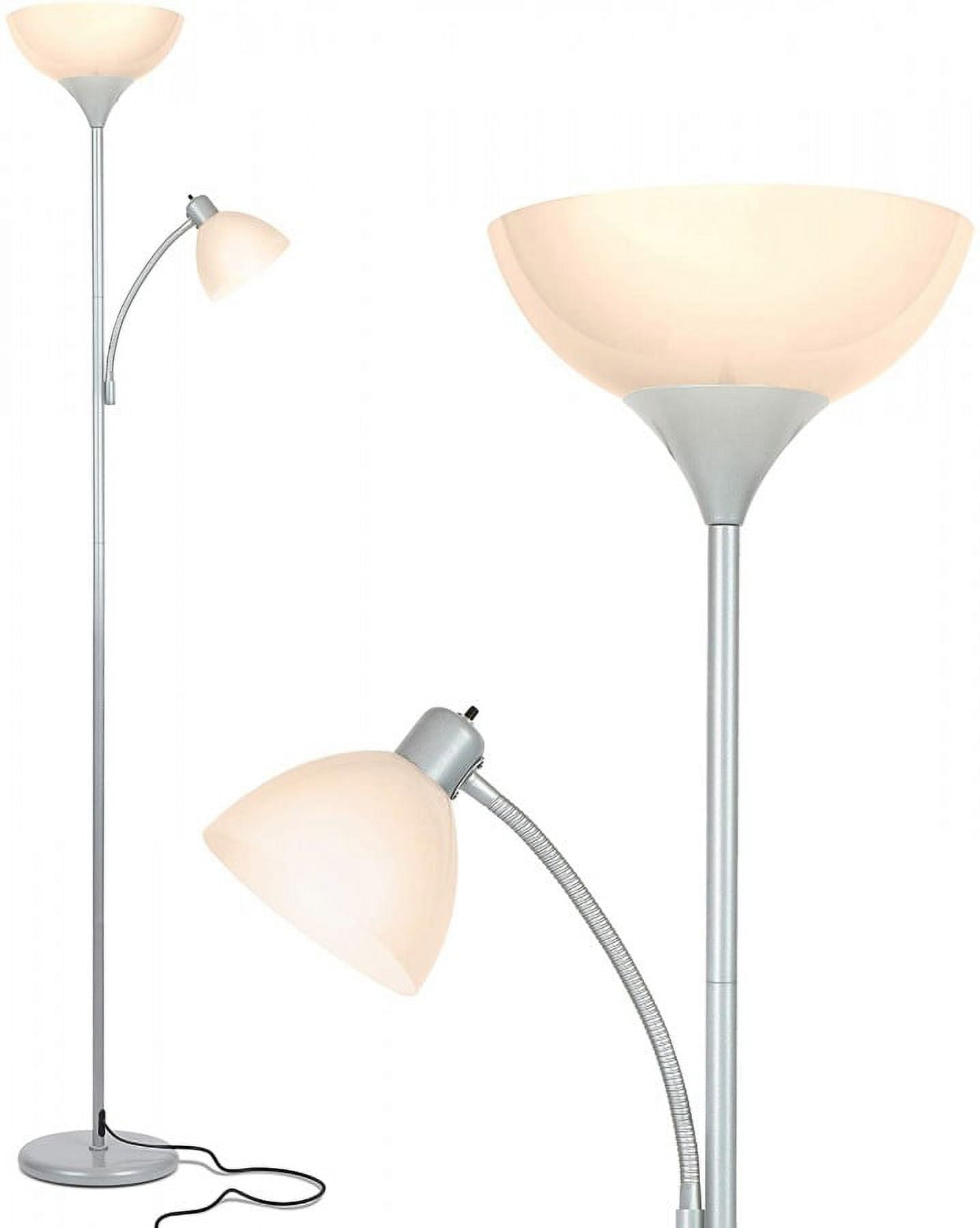 Platinum Silver Adjustable LED Torchiere Floor Lamp with Reading Light