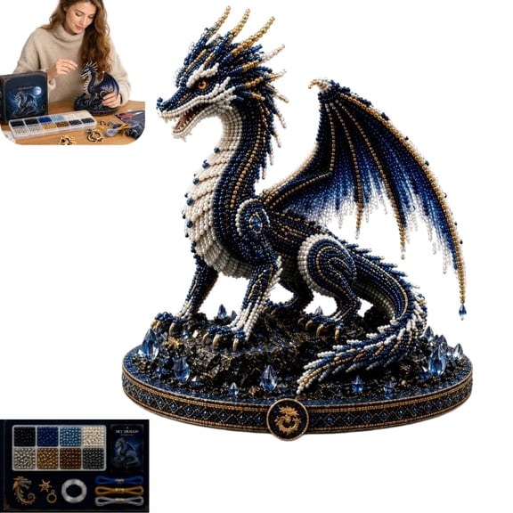 Sky Dragon DIY Bead Kit, 3D Mythical Creature Craft Set, Majestic Blue Dragon Figurine Desktop Art Ornament with Pattern Guide for Adult Craft Enthusiasts
