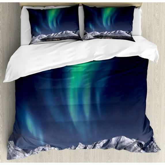 Sky Duvet Cover Set, Aurora Borealis Aurora over Fjords Mountain at Night Norway Solar Image Art, Decorative 3 Piece Bedding Set with 2 Pillow Shams, Queen Size, Green Dark Blue, by Ambesonne