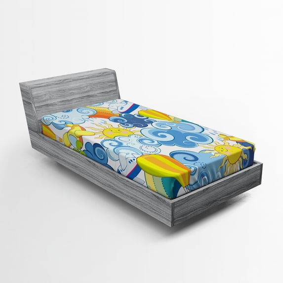 Sky Fitted Sheet, Childrens Theme Clouds Smiling Sun Airplanes and Balloons Illustration Print, Soft Decorative Fabric Bedding, Twin Size, Yellow and Pale Blue, by Ambesonne