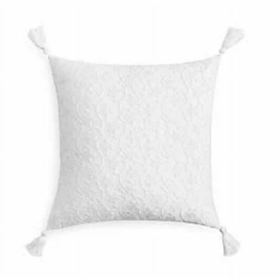 Sky French Knot Floral Embroidered Cotton Jacquard Tassel Decorative Pillow, White, 18 x 18