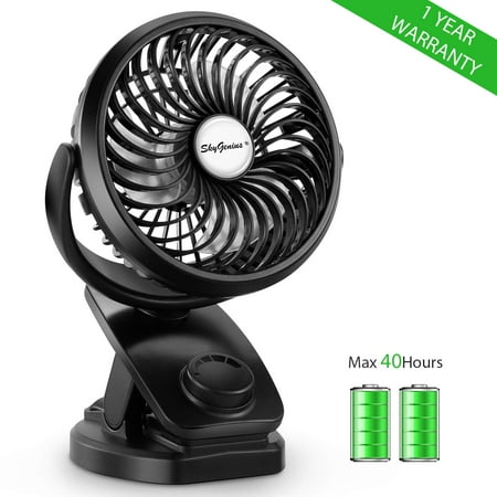Sky Genius Battery Operated Mini Fan 4400 mAh Clip On Desk Fan, Black