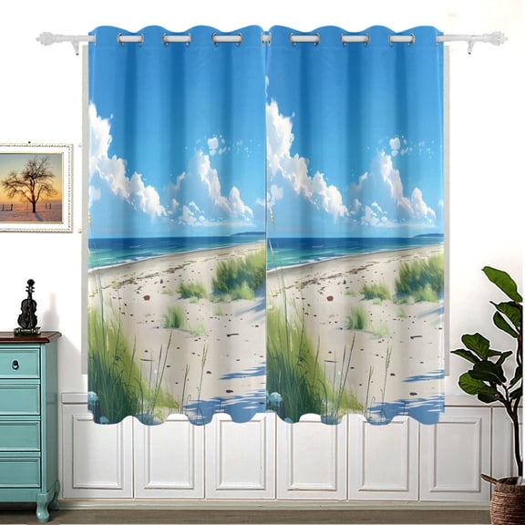 Sky Grass Sea Beach Blackout Curtain Panels 63x55in Drapes Privacy Assured for Living room Bedroom Bathroom 2 panels set