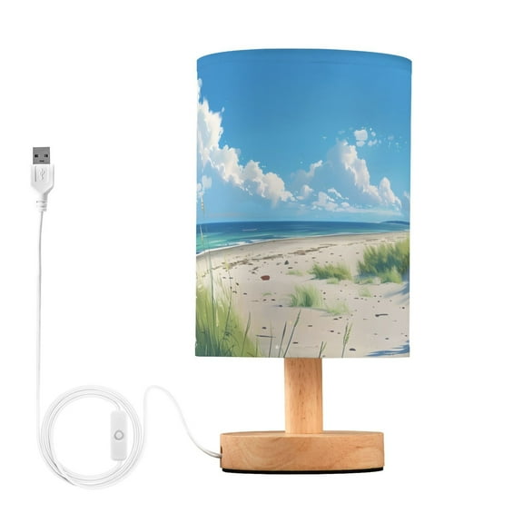 Sky Grass Sea Beach Table Lamp USB Bedside Desk Nightstand Lamp Printed Gifts Small Lamp Wood Base for Bedroom Living Room Kids Room College Dorm