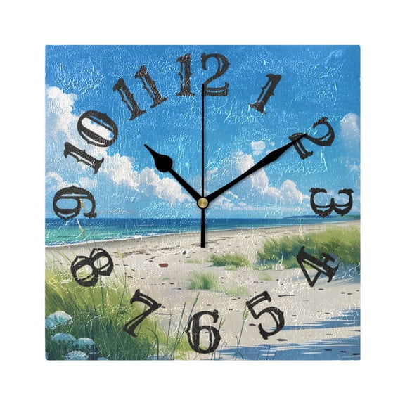 Sky Grass Sea Beach Wall Clock Square Silent Non Ticking Battery Operated Clock for Home Bathroom Kitchen Bedroom Living Room