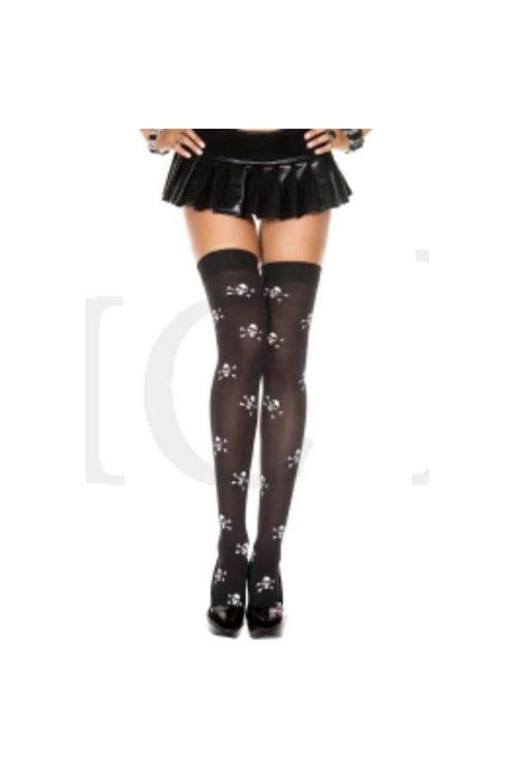4501-BLACK-WHITE Cross Skull Print Opaque Thigh High Stockings, Black & White
