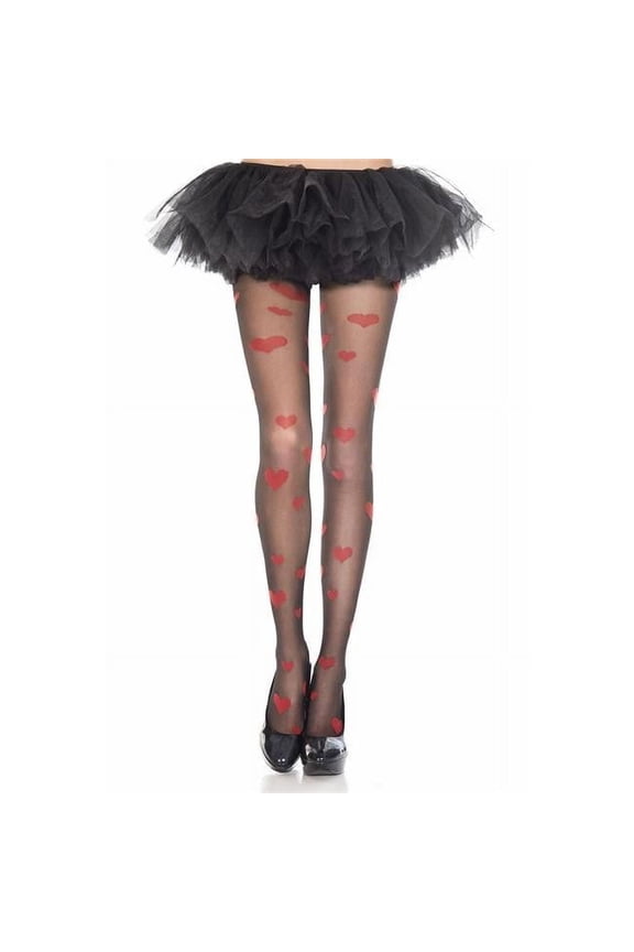 Women's 7399-BLACK-RED Heart Print Spandex Pantyhose, Black - Red