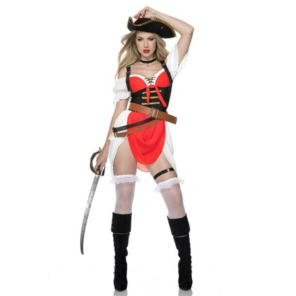Sky Hosiery 71160-XS Womens Adventurous Pirate Costume, Red & White - Extra Small - 7 Piece