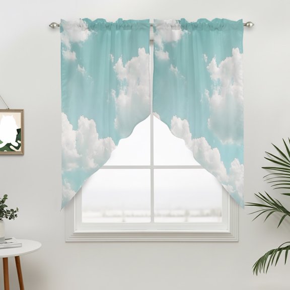 Sky Light Blue Clouds Swag Valances for Windows, Vintage Gradient Rod Pocket Short Curtains, Machine Washable Kitchen Window Topper for Bathroom Living Room, 28 x 36 Inch, 1 Pair