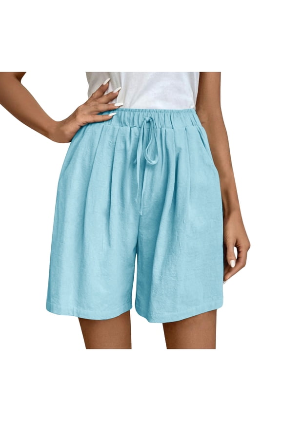 Sky Light Blue Faux Gauze Linen Shorts for Ladies Summer Fall Loose Fit Brunch Ruched High Waisted A Line Flare Bell Bottom Paperbag Plain Boot Cut Leg Shorts Womens 2026 L