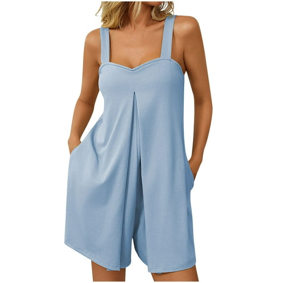 Sky Light Blue Jumpsuits Shortalls for Women Summer Fall Loose Fit Brunch Pleated Straight Leg Basic Overalls Shortalls Shorts Unitard Ladies 2025 Clothing S