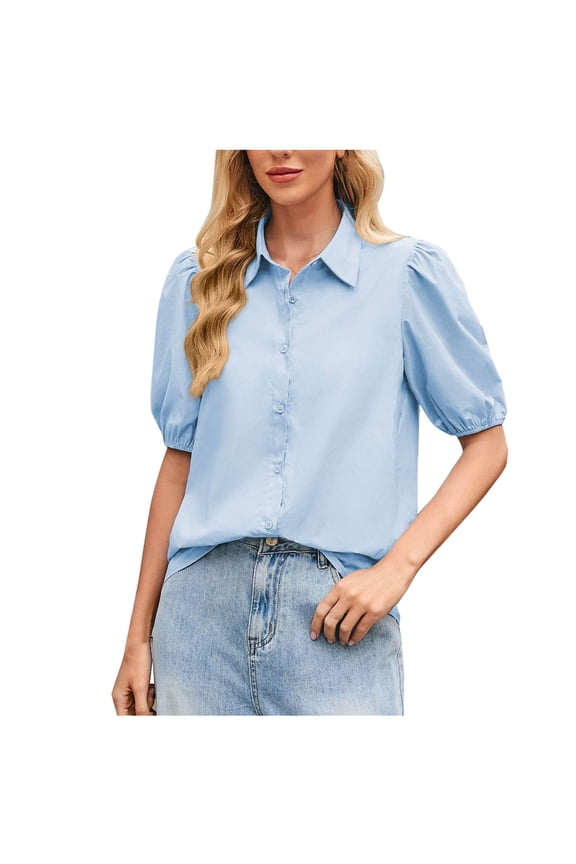 Sky Light Blue Juniors Plain Tops Blouses for Women Cuff Short Puffy Sleeve Turtle Neck Brunch Summer Fall Shirts Button 2026 Soft Comfy Clothing Fashion Y2K XL