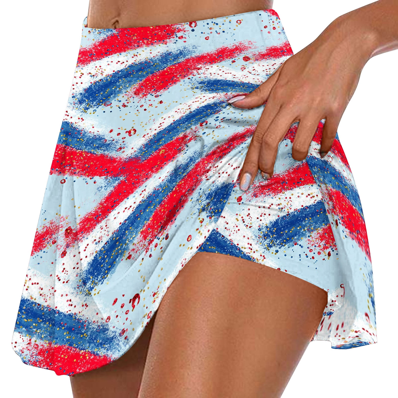Sky Light Blue Ladies 4th of July Loose Fit Skirts Sets Skirts Shorts Sets for Juniors Mini Short Sport Gym Yoga Tennis Matching Ruched Tie Dye High Cut Two Piece Skirts 2025 XXL