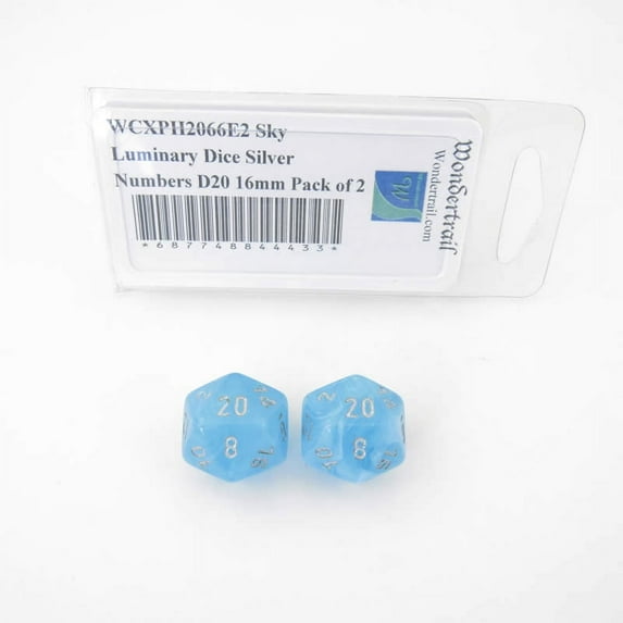 Sky Luminary Dice with Silver Numbers D20 16mm (5/8in) Pack of 2 Wondertrail