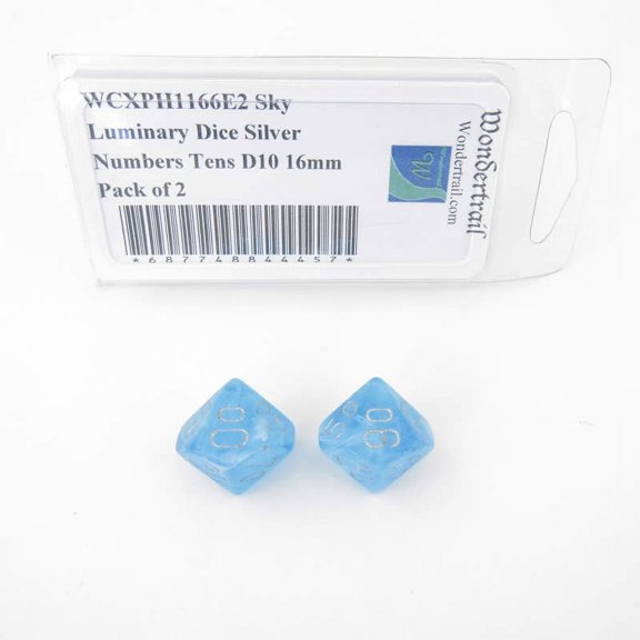 Sky Luminary Dice with Silver Numbers Tens D10 16mm (5/8in) Pack of 2 Wondertrail