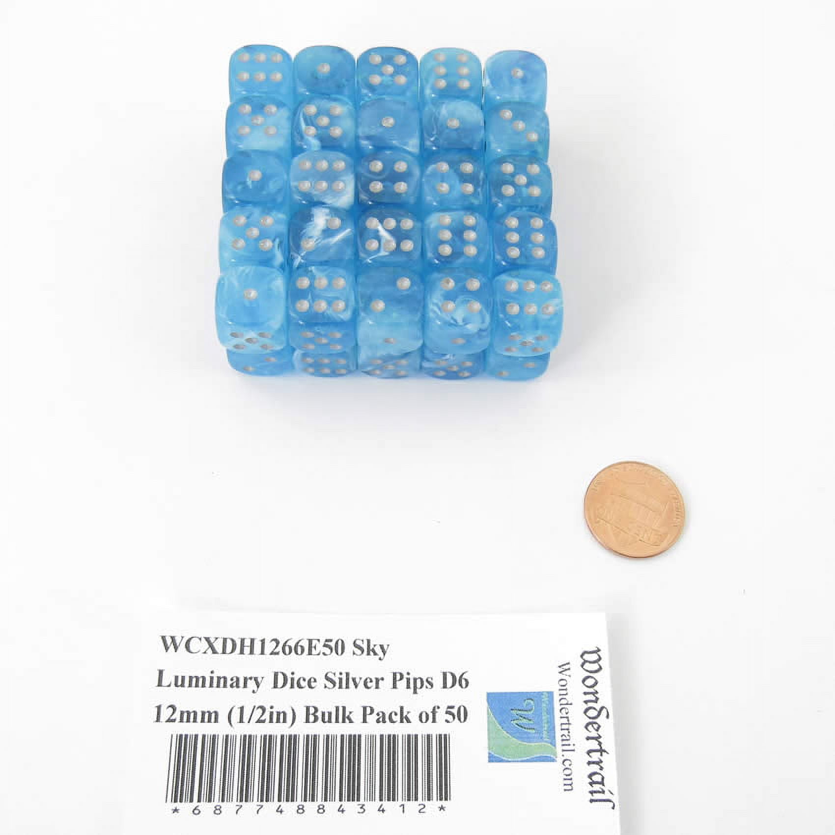 Sky Luminary Dice with Silver Pips D6 12mm (1/2in) Bulk Pack of 50 Wondertrail