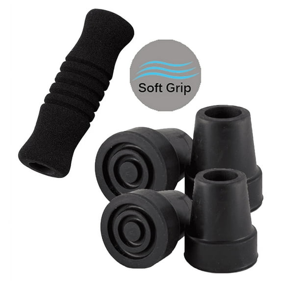 Sky Med 5/8'' Shaft Large Base Quad Cane Revitalize Replacement Kit, Includes Four 5/8" Tips, One Black Soft Grip and One End Cap (5/8")