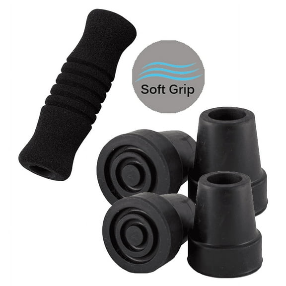 Sky Med 5/8'' Shaft Large Base Quad Cane Revitalize Replacement Kit, Includes Four 5/8" Tips, One Black Soft Grip and One End Cap (5/8")