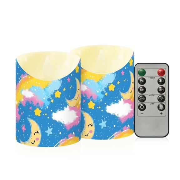 Sky Moon Oil Paint Pattern Flameless Candles 2 PCS with Remote Realistic Moving Flame LED Tapered Pillar Set for Home Decor