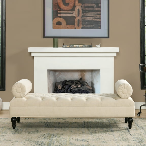 Sky Neutral Beige Bolster Arm Bench For Entryway Use. Frame Of Kiln-dried Hardwood And 11-layer Plywood. Woven Fabric Upholstery Foam. Low Seat Height 15 Inches. Two Arms Vintage Look Sitting Bench.