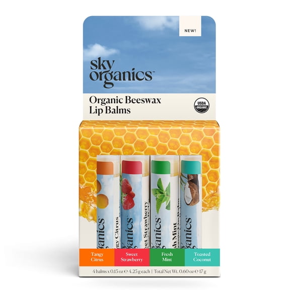 Sky Organics Organic Beeswax Lip Balm, Citrus, Strawberry, Mint, and Coconut, 4 Pack