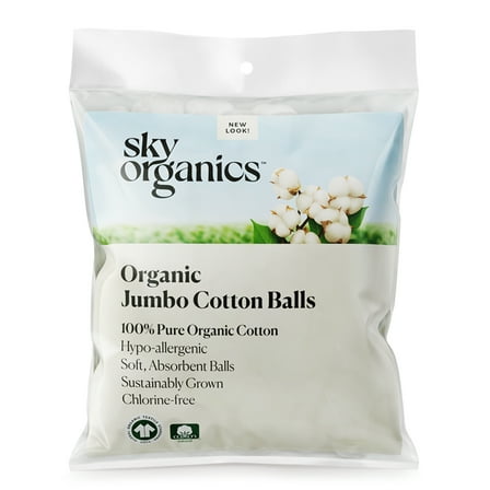 Sky Organics Organic Jumbo Cotton Balls For Sensitive Skin, 100% Pure Organic Cotton Sustainably Grown, Chlorine Free,  Hypoallergenic, Ultra-Soft and Absorbant for Beauty & Personal Care, 100 ct.