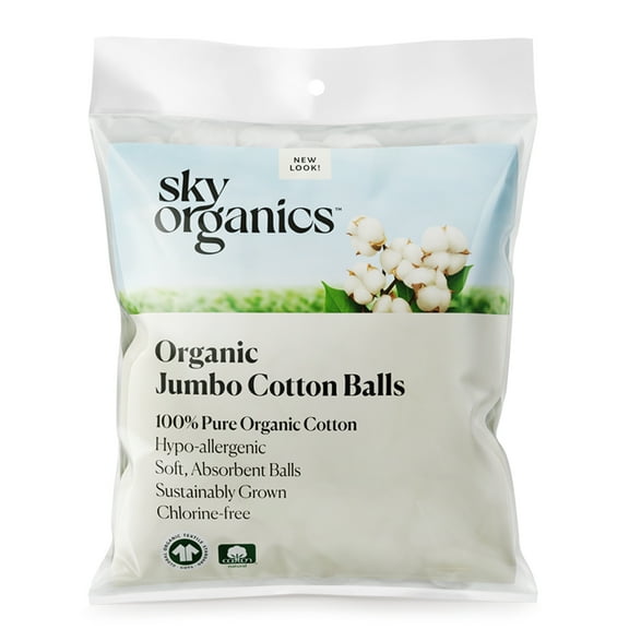 Sky Organics Organic Jumbo Cotton Balls For Sensitive Skin, 100% Pure Organic Cotton Sustainably Grown, Chlorine Free,  Hypoallergenic, Ultra-Soft and Absorbant for Beauty & Personal Care, 100 ct.