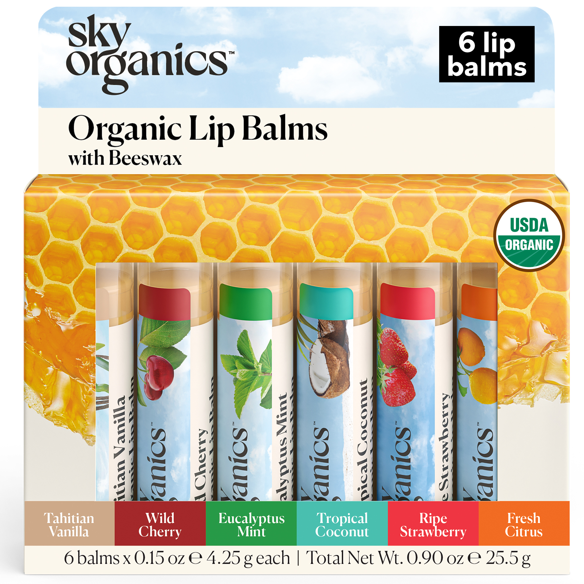 Sky Organics Organic Lip Balm with Beeswax and a Rich Nourishing Blend of Plant Oils, Moisturizing Lips Balms to Lock In Moisture and Keep Lips Feeling Soft and Smooth, Six Assorted Flavors, 6pk. - image 1 of 8