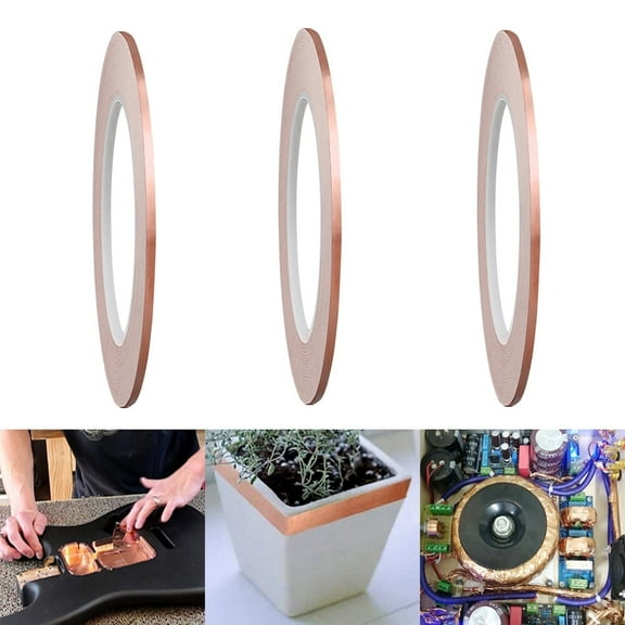 3 Rolls Copper Foil Tape Slug Snail Repellent Tape, Single-Sided Conductive Self Adhesive Copper Barrier Tape for EMI Shielding, Stained Glass, Guitar, Plants Protection - 3mmx10m