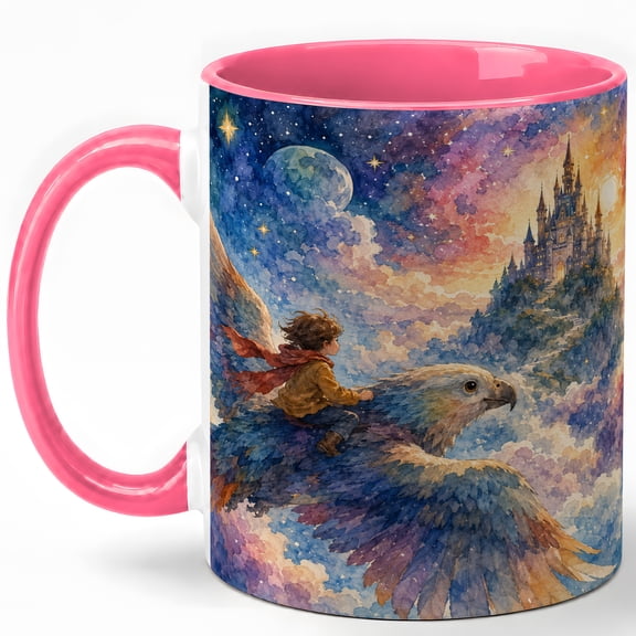 Sky Rider Castle 11oz Ceramic Mug, Fantasy Bird Adventure Art