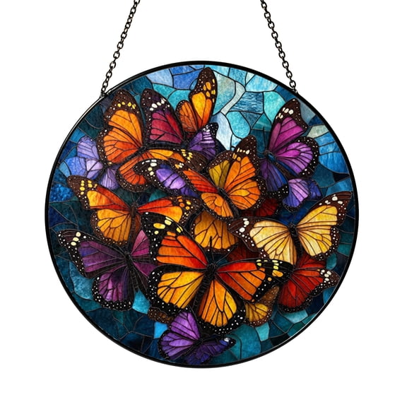Sky Scene with Floating Butterflies Stained Glass Window Hanging, Decorative Suncatcher Art Panel for Spring Inspired Home Decor