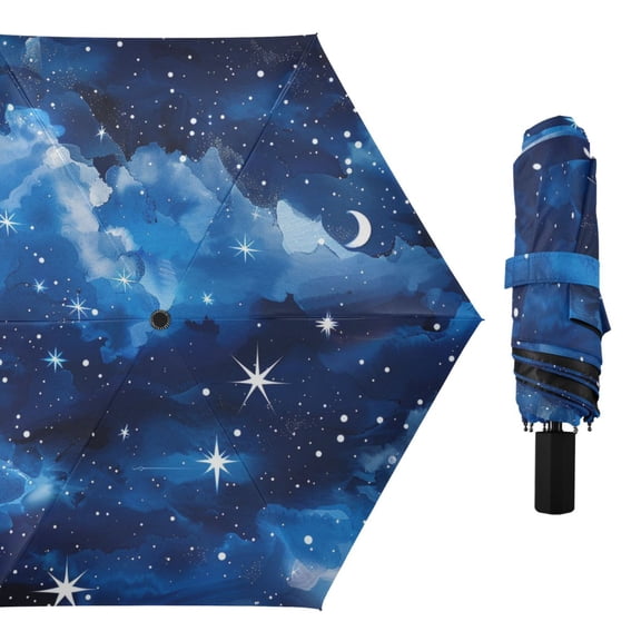 Sky Shining Stars Clouds Moon All Weather Umbrella Triple Folding Parasol 6 Ribs UV Protection Portable