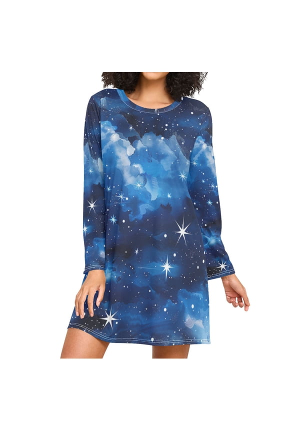 Sky Shining Stars Clouds Moon Women's Long Sleeves Nightgowns Sleepwear Soft Pajama A-line Sleep Dress M