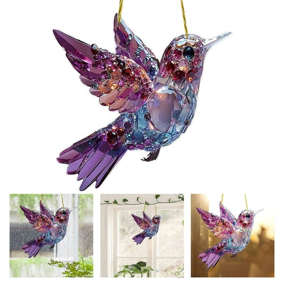 Sky Stained Art Hummingbird Suncatcher - 2D Double Winged Christmas Ornament, Bird Design for Window & Indoor Hanging